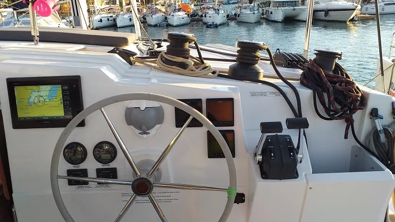 Cockpit of El Camino, a Fountaine Pajot Lucia 40 catamaran at Fethiye, Turkey