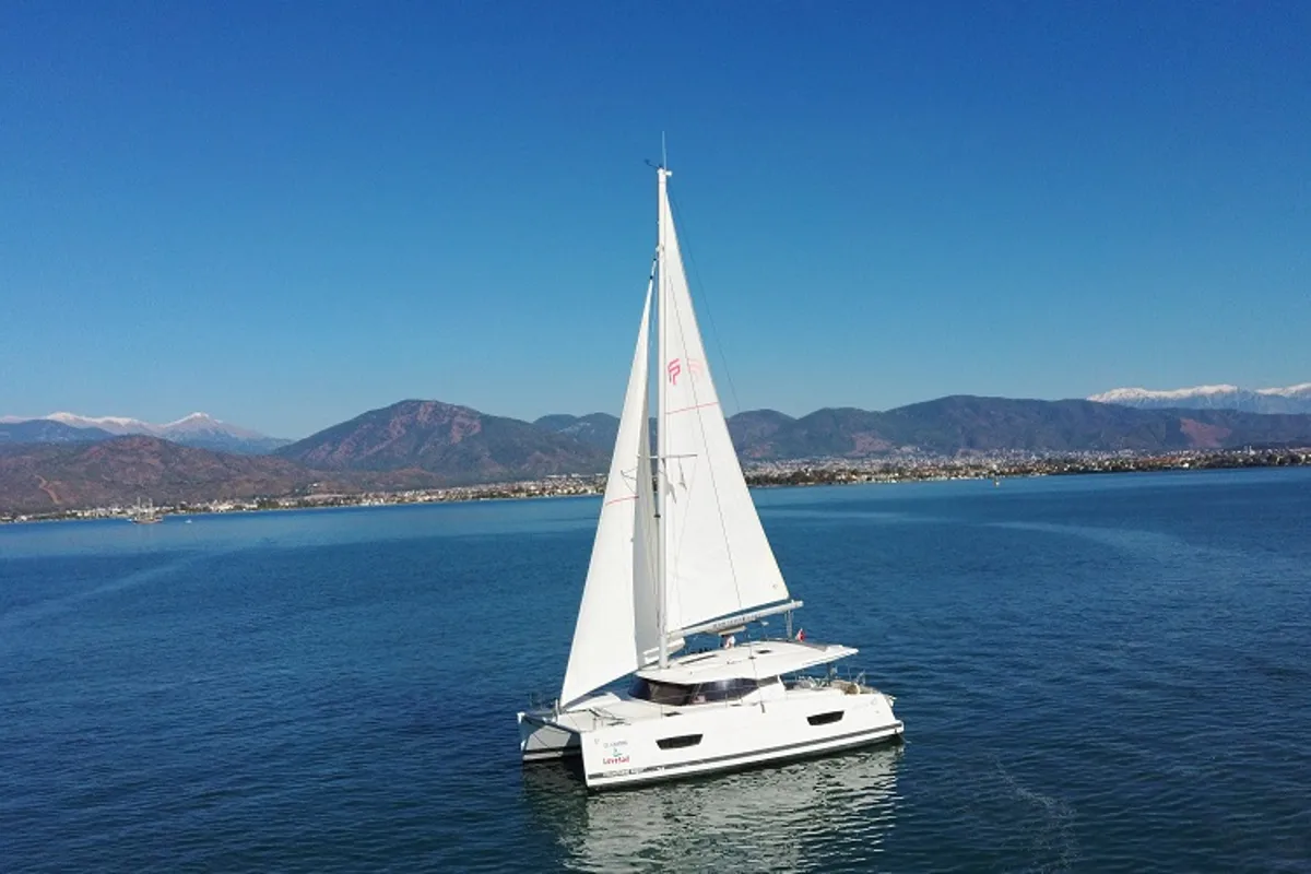 Exterior view of El Camino, a Fountaine Pajot Lucia 40 catamaran at Fethiye, Turkey