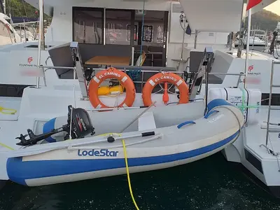 Deck of El Camino, a Fountaine Pajot Lucia 40 catamaran at Fethiye, Turkey