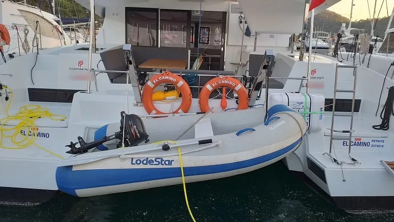 Deck of El Camino, a Fountaine Pajot Lucia 40 catamaran at Fethiye, Turkey
