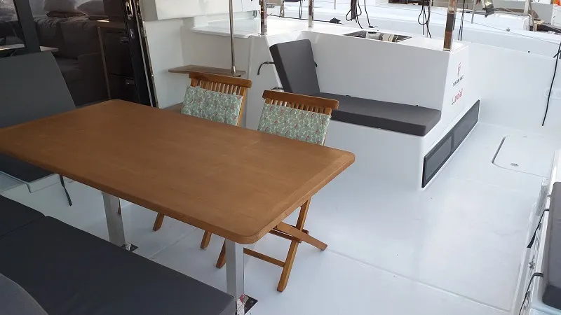 Deck of El Camino, a Fountaine Pajot Lucia 40 catamaran at Fethiye, Turkey