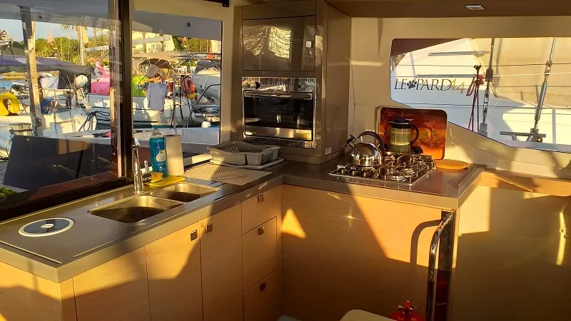 Galley of El Camino, a Fountaine Pajot Lucia 40 catamaran at Fethiye, Turkey