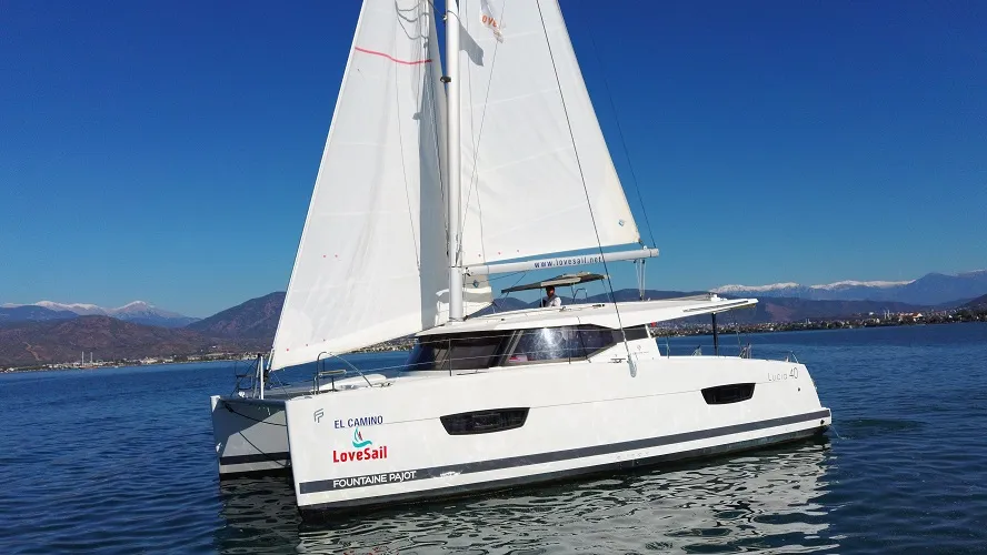 Exterior view of El Camino, a Fountaine Pajot Lucia 40 catamaran at Fethiye, Turkey