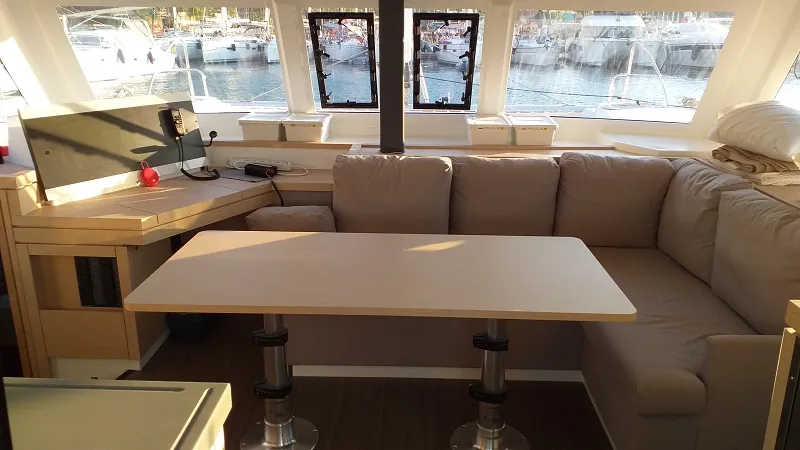 Salon of El Camino, a Fountaine Pajot Lucia 40 catamaran at Fethiye, Turkey
