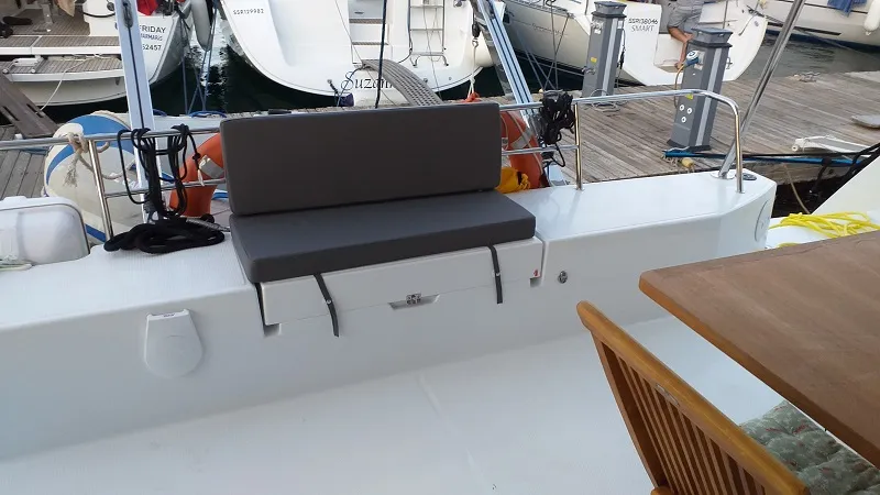 Deck of El Camino, a Fountaine Pajot Lucia 40 catamaran at Fethiye, Turkey