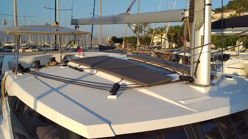 Deck of El Camino, a Fountaine Pajot Lucia 40 catamaran at Fethiye, Turkey