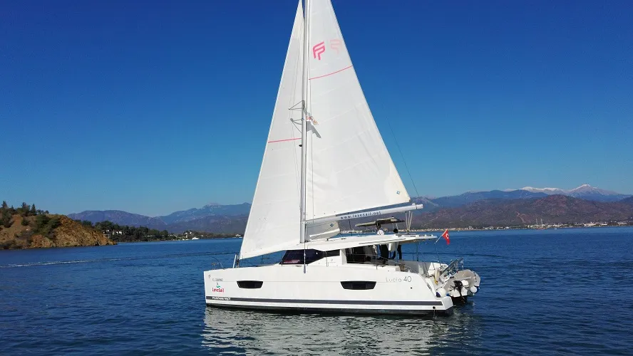 Exterior view of El Camino, a Fountaine Pajot Lucia 40 catamaran at Fethiye, Turkey
