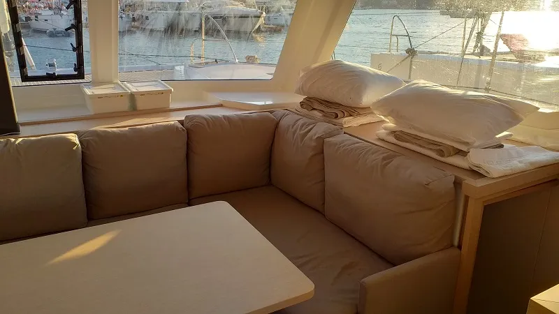 Salon of El Camino, a Fountaine Pajot Lucia 40 catamaran at Fethiye, Turkey