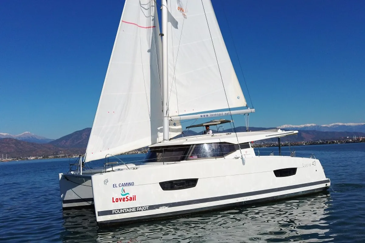 Exterior view of El Camino, a Fountaine Pajot Lucia 40 catamaran at Fethiye, Turkey