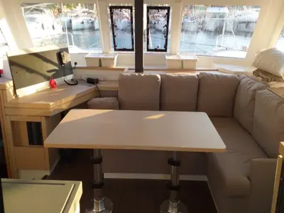Salon of El Camino, a Fountaine Pajot Lucia 40 catamaran at Fethiye, Turkey