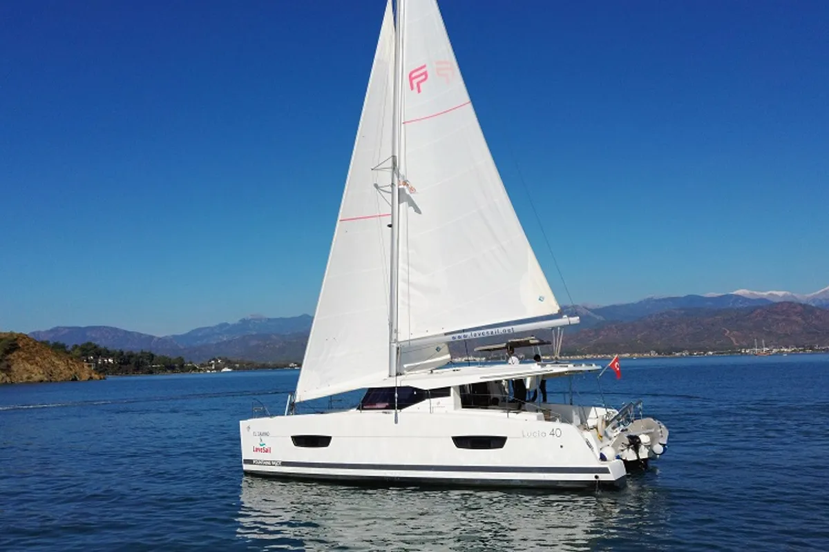 Exterior view of El Camino, a Fountaine Pajot Lucia 40 catamaran at Fethiye, Turkey