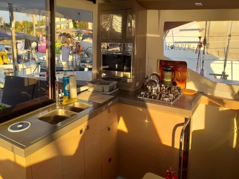 Galley of El Camino, a Fountaine Pajot Lucia 40 catamaran at Fethiye, Turkey