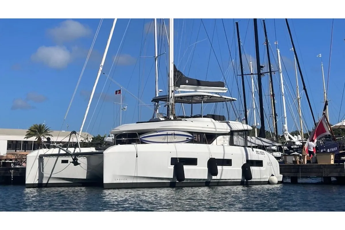 Exterior view of Maui- FIRST CLASS, a Lagoon 55 catamaran at Olbia, Italy