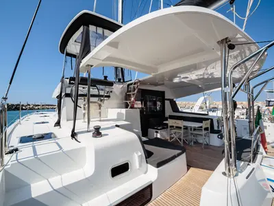 Deck of Lagoon 42, a catamaran at Capo d'Orlando, Italy