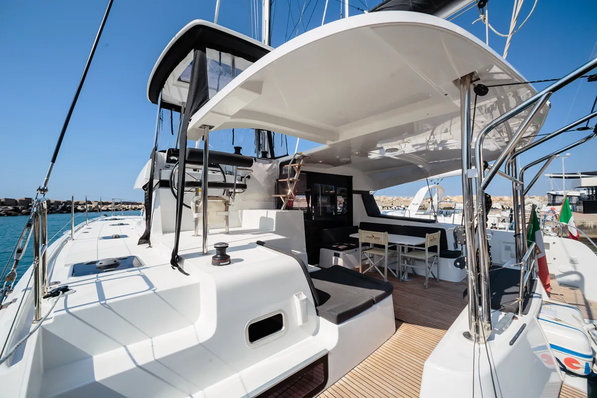 Deck of Lagoon 42, a catamaran at Capo d'Orlando, Italy