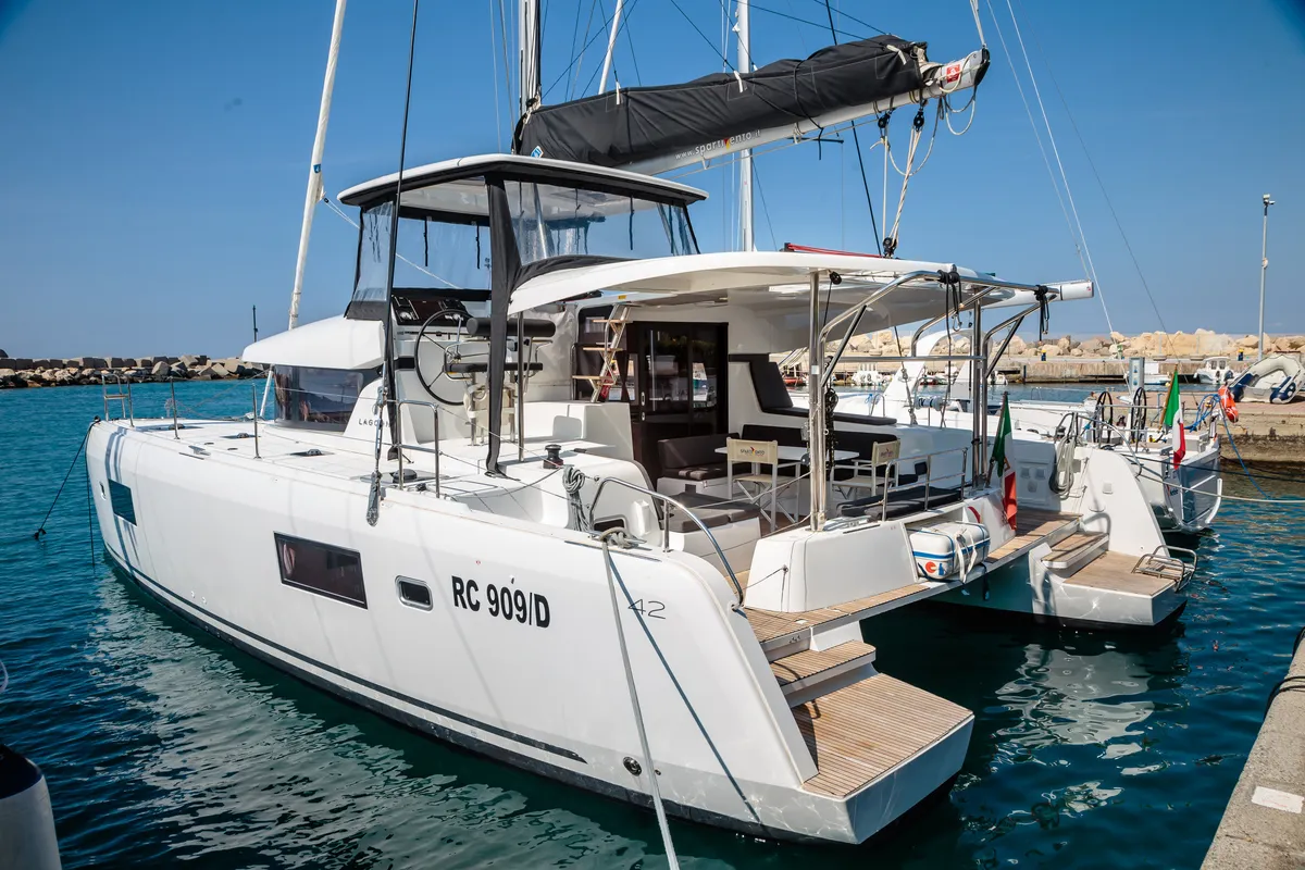 Exterior view of Lagoon 42, a catamaran at Capo d'Orlando, Italy