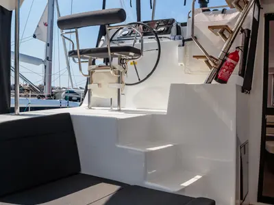 Cockpit of Lagoon 42, a catamaran at Capo d'Orlando, Italy