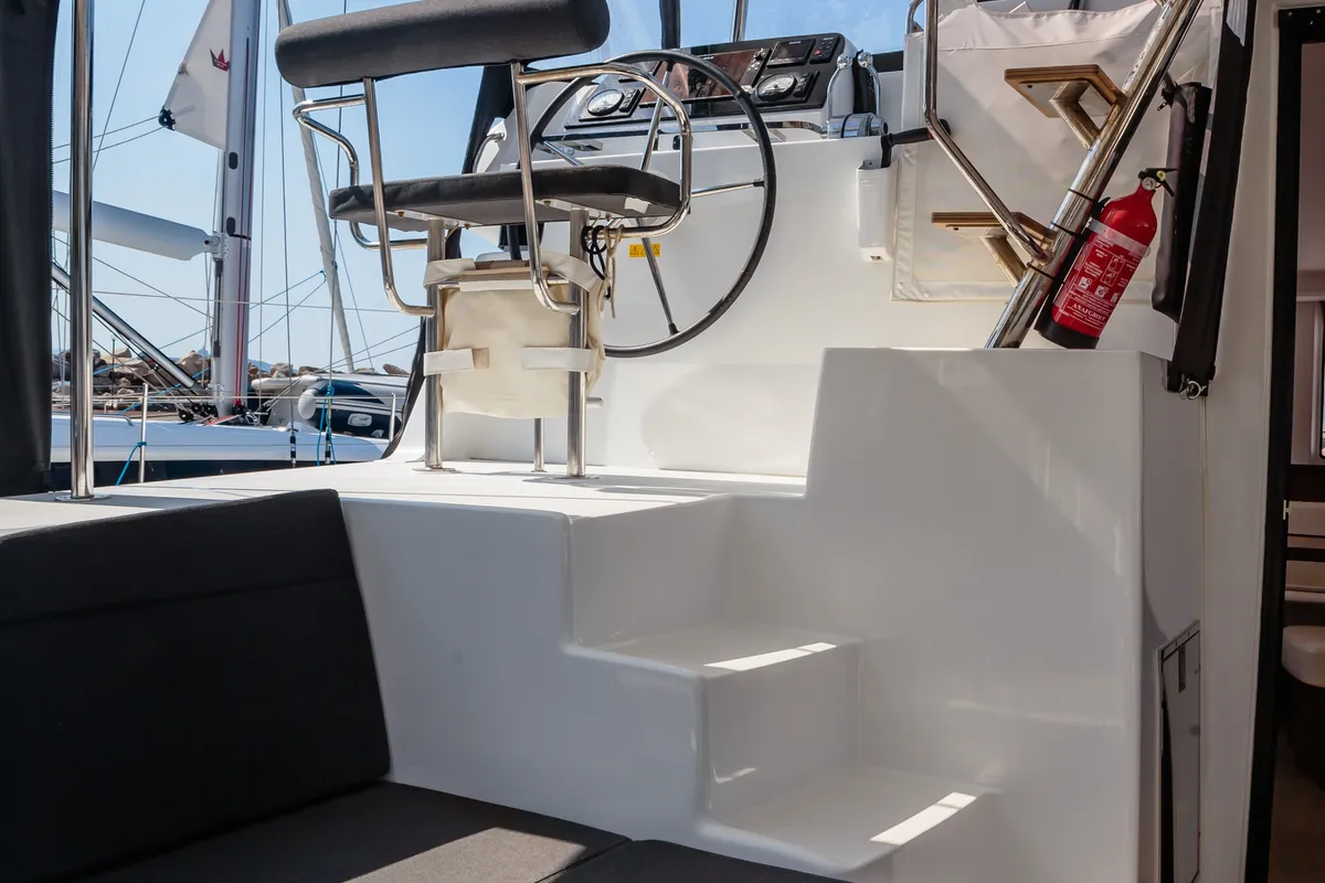 Cockpit of Lagoon 42, a catamaran at Capo d'Orlando, Italy