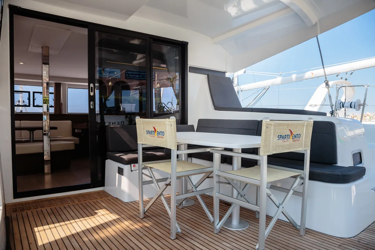 Deck of Lagoon 42, a catamaran at Capo d'Orlando, Italy