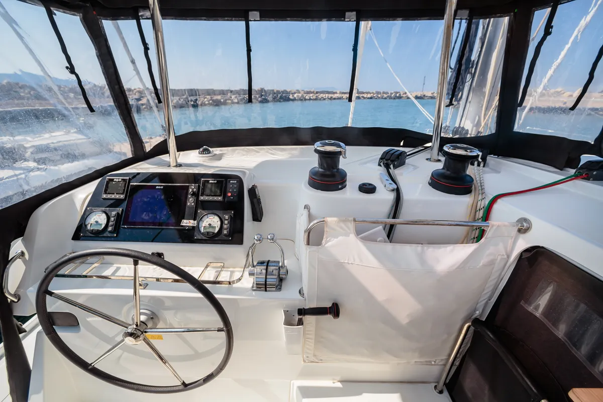 Cockpit of Lagoon 42, a catamaran at Capo d'Orlando, Italy