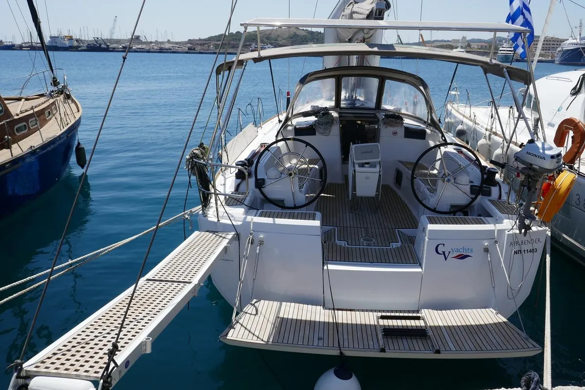 Exterior view of Airbender, a Jeanneau Sun Odyssey 449 sailboat at Lavreotiki Municipal Unit, Greece