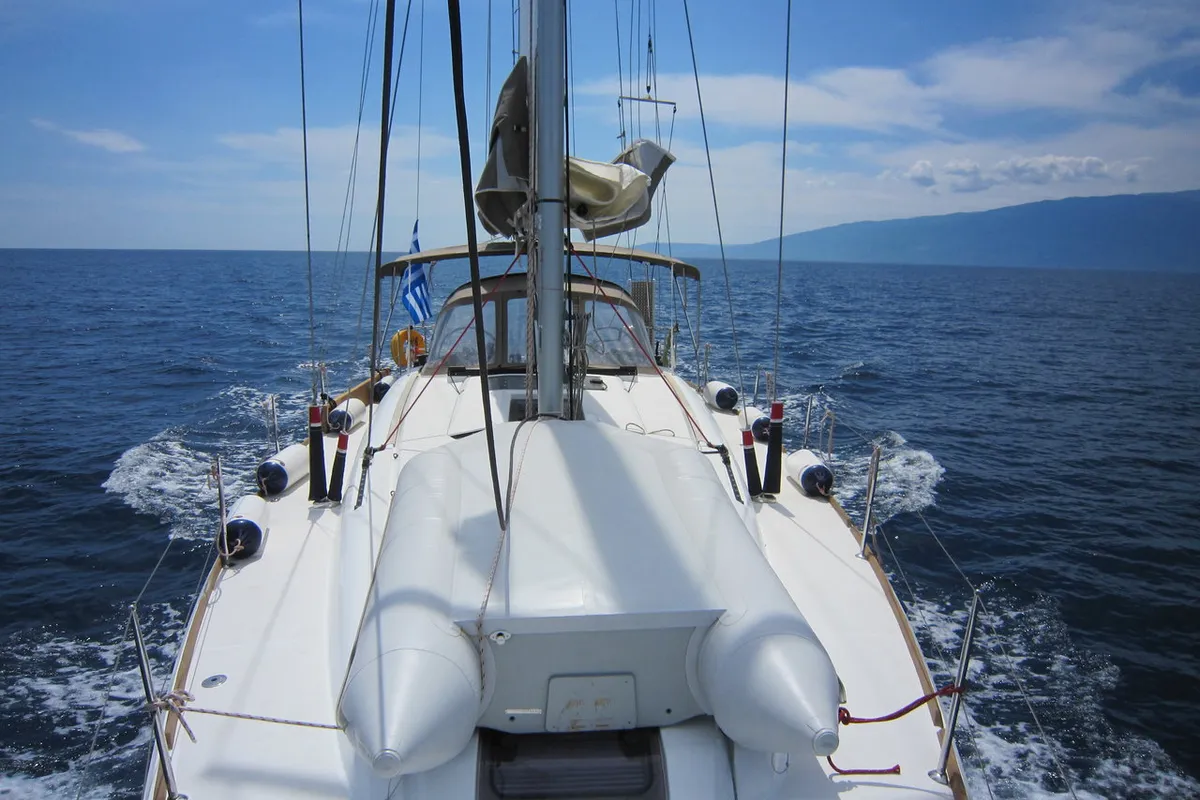 Exterior view of Airbender, a Jeanneau Sun Odyssey 449 sailboat at Lavreotiki Municipal Unit, Greece