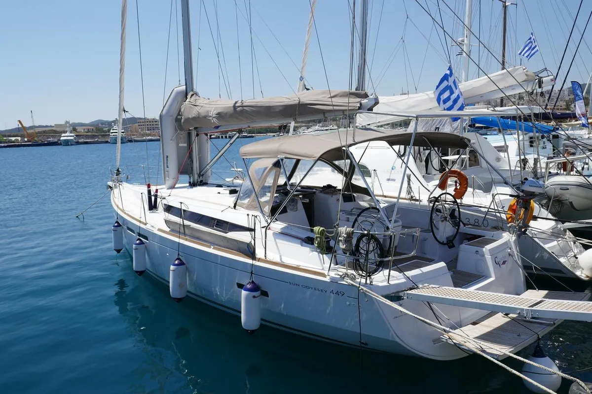 Exterior view of Airbender, a Jeanneau Sun Odyssey 449 sailboat at Lavreotiki Municipal Unit, Greece