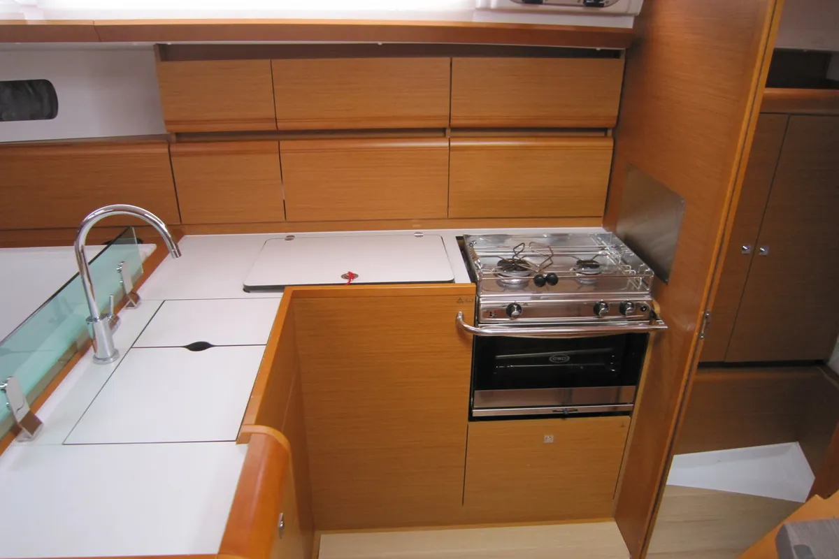 Galley of Airbender, a Jeanneau Sun Odyssey 449 sailboat at Lavreotiki Municipal Unit, Greece