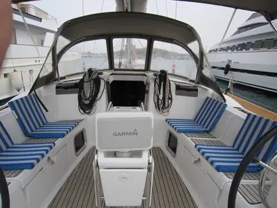 Cockpit of Airbender, a Jeanneau Sun Odyssey 449 sailboat at Lavreotiki Municipal Unit, Greece