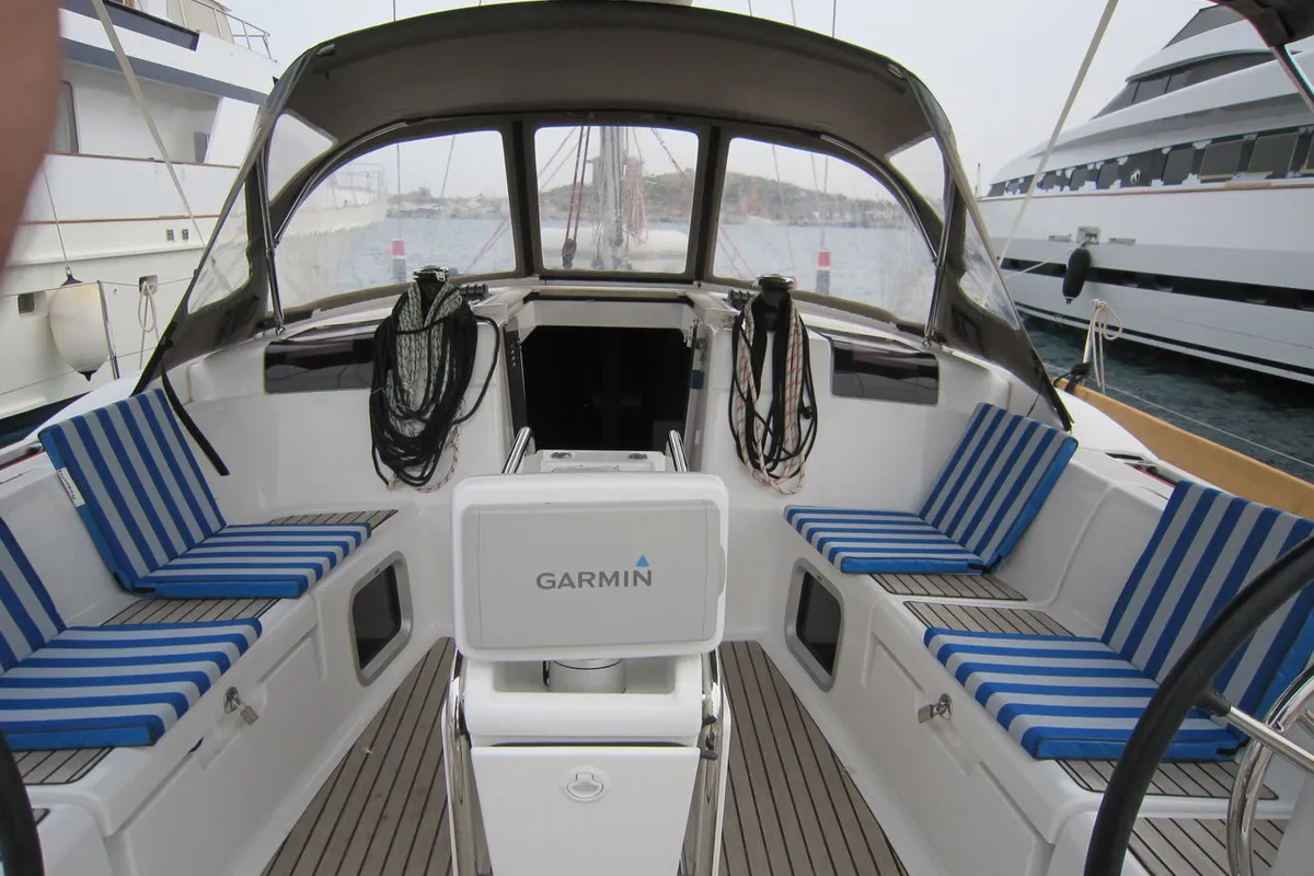 Cockpit of Airbender, a Jeanneau Sun Odyssey 449 sailboat at Lavreotiki Municipal Unit, Greece
