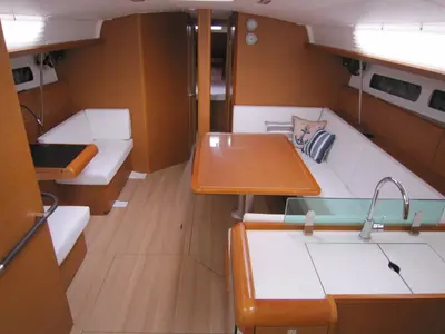Salon of Airbender, a Jeanneau Sun Odyssey 449 sailboat at Lavreotiki Municipal Unit, Greece