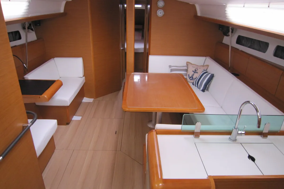 Salon of Airbender, a Jeanneau Sun Odyssey 449 sailboat at Lavreotiki Municipal Unit, Greece