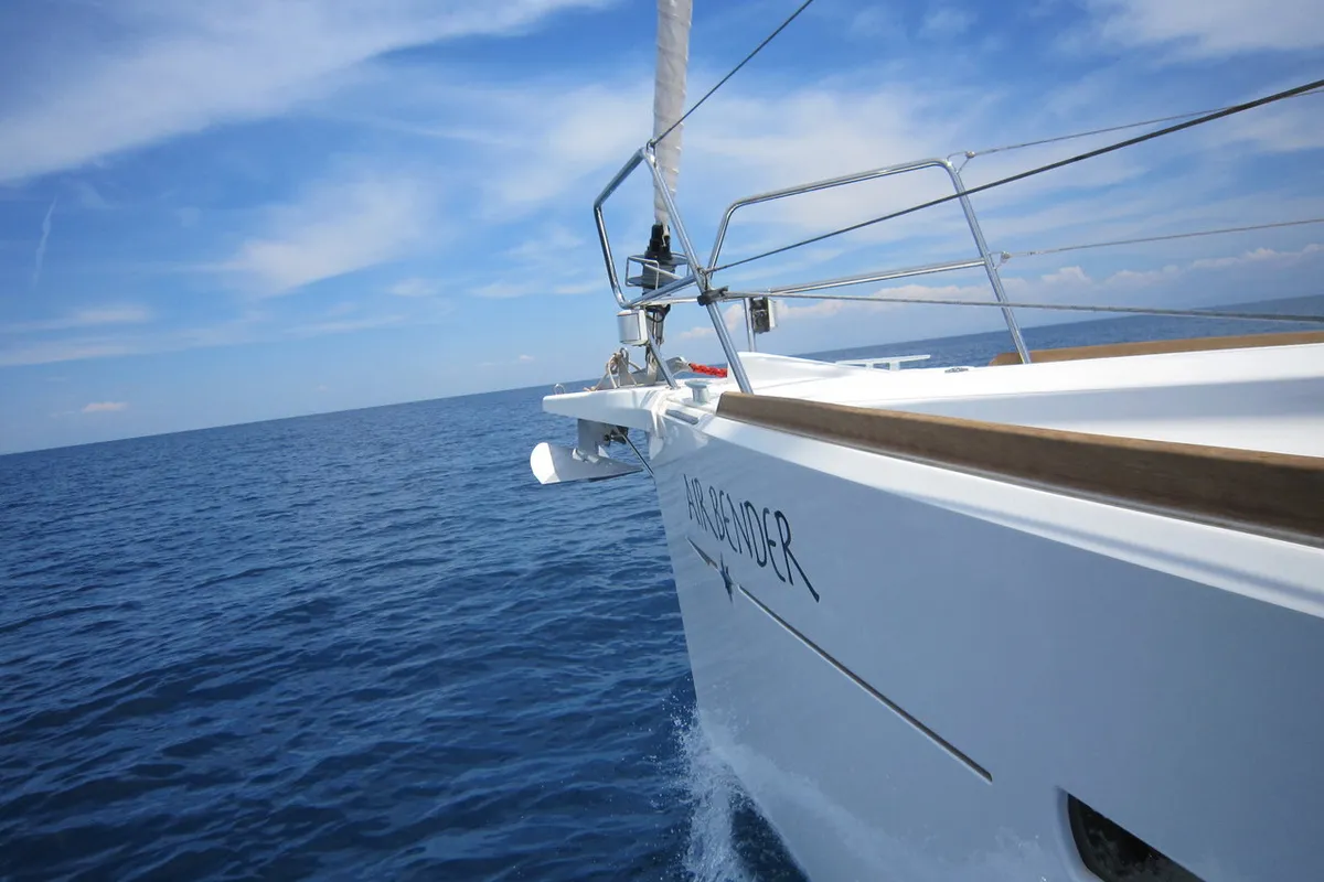 Exterior view of Airbender, a Jeanneau Sun Odyssey 449 sailboat at Lavreotiki Municipal Unit, Greece
