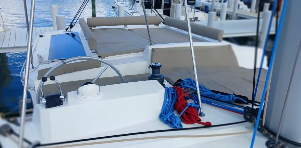 Cockpit of Uncharted, a Bali 4.2 catamaran at Central Abaco, Bahamas