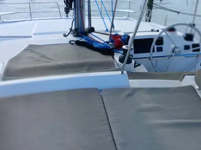Cockpit of Uncharted, a Bali 4.2 catamaran at Central Abaco, Bahamas