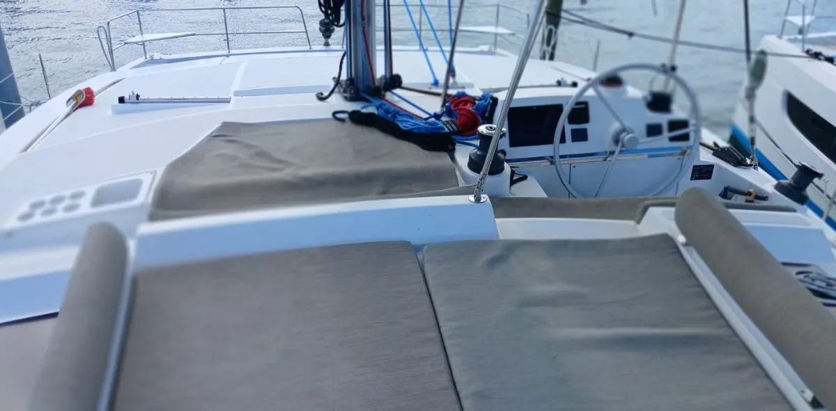 Cockpit of Uncharted, a Bali 4.2 catamaran at Central Abaco, Bahamas