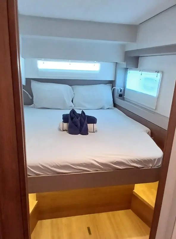 Cabin on Uncharted, a Bali 4.2 catamaran at Central Abaco, Bahamas