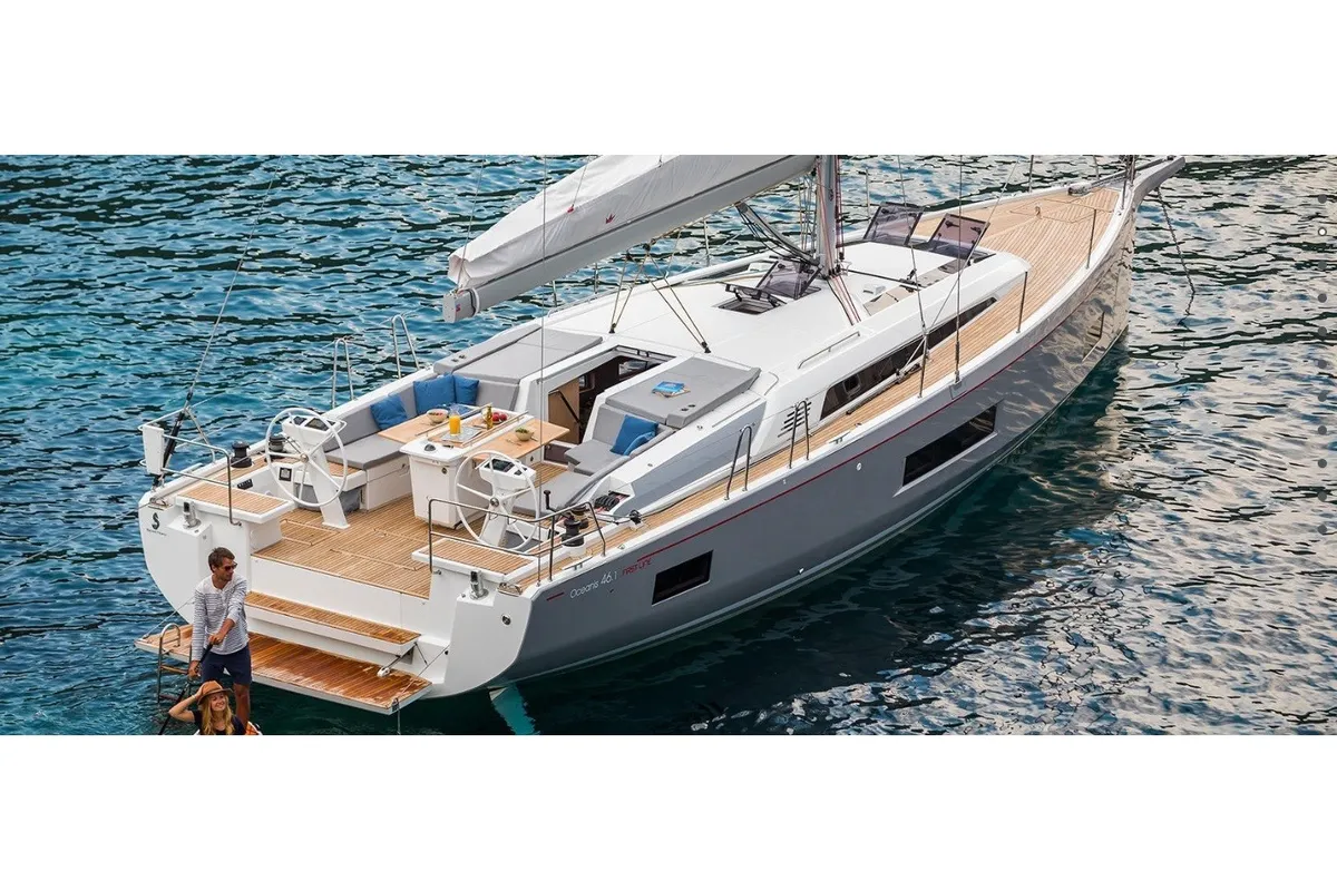 Exterior view of Ilia, a Beneteau Oceanis 46.1 sailboat at Athens, Greece