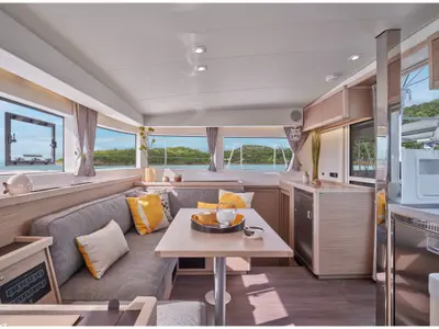 Salon of Ocean King, a Lagoon 40 catamaran at Athens, Greece
