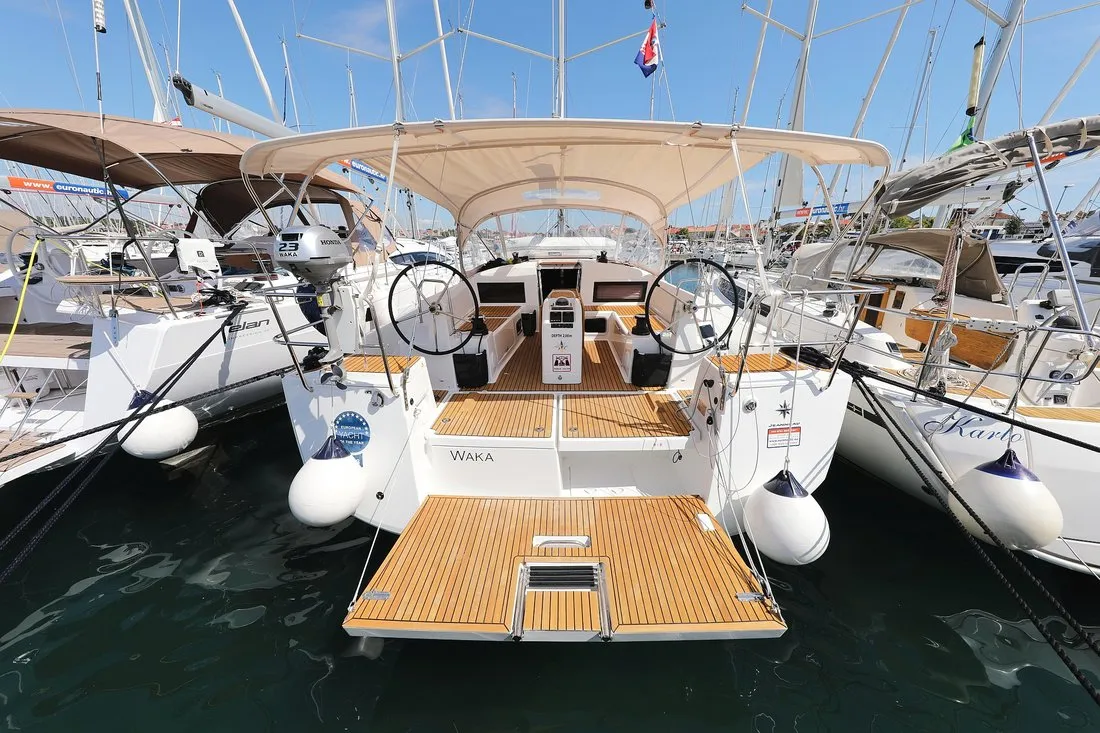 Exterior view of Waka, a Jeanneau Sun Odyssey 440 sailboat at Grad Biograd na Moru, Croatia