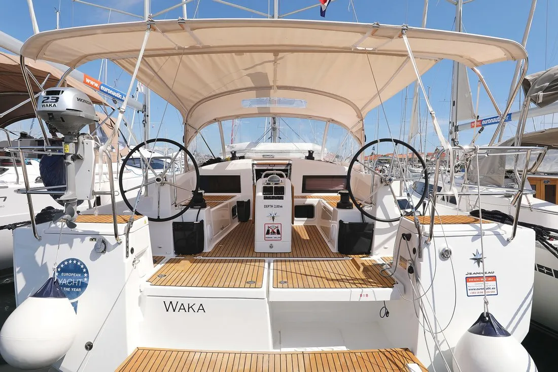 Exterior view of Waka, a Jeanneau Sun Odyssey 440 sailboat at Grad Biograd na Moru, Croatia