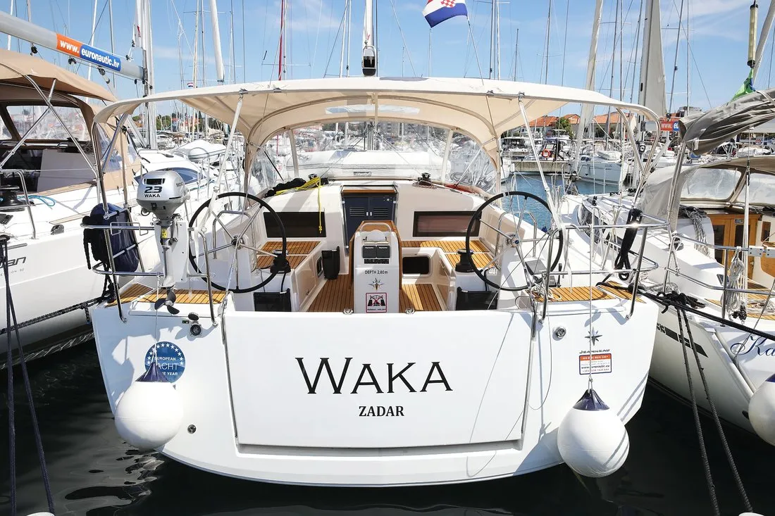 Exterior view of Waka, a Jeanneau Sun Odyssey 440 sailboat at Grad Biograd na Moru, Croatia