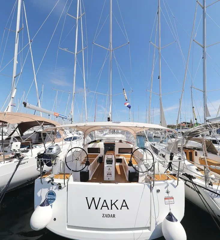 Exterior view of Waka, a Jeanneau Sun Odyssey 440 sailboat at Grad Biograd na Moru, Croatia