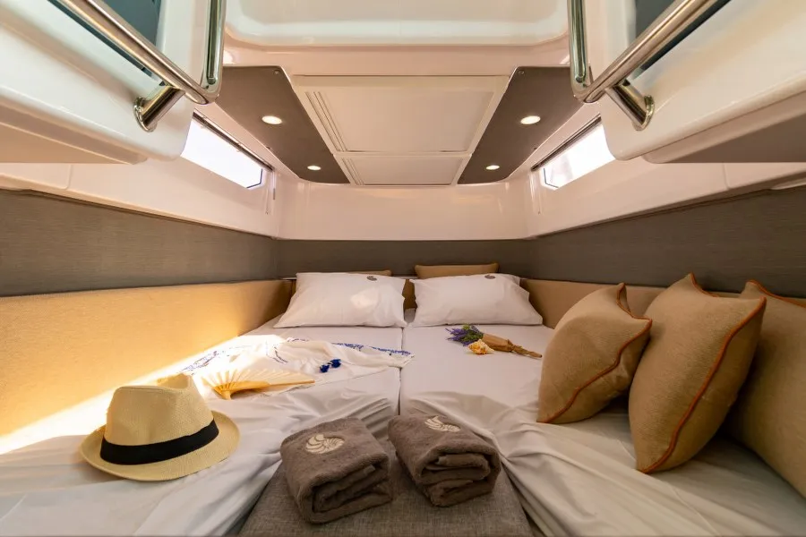 Cabin on MY CHARACTER, a Axopar 37 XC Cross Cabin motorboat at Kalyvia Thorikou Municipal Unit, Greece