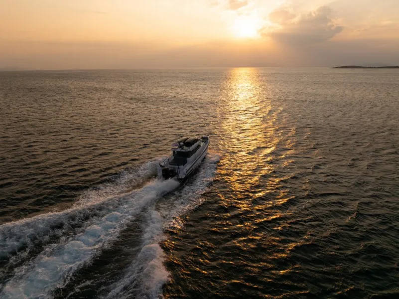 Exterior view of MY CHARACTER, a Axopar 37 XC Cross Cabin motorboat at Kalyvia Thorikou Municipal Unit, Greece