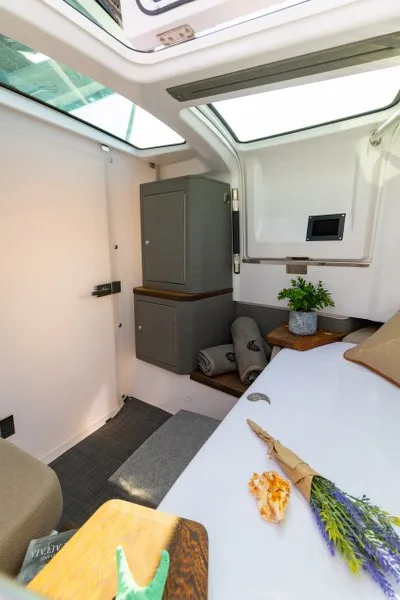 Cabin on MY CHARACTER, a Axopar 37 XC Cross Cabin motorboat at Kalyvia Thorikou Municipal Unit, Greece