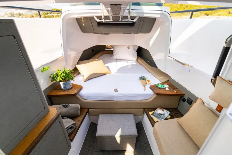 Cabin on MY CHARACTER, a Axopar 37 XC Cross Cabin motorboat at Kalyvia Thorikou Municipal Unit, Greece
