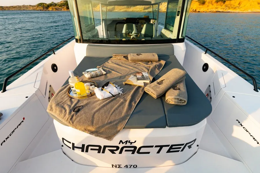 Deck of MY CHARACTER, a Axopar 37 XC Cross Cabin motorboat at Kalyvia Thorikou Municipal Unit, Greece