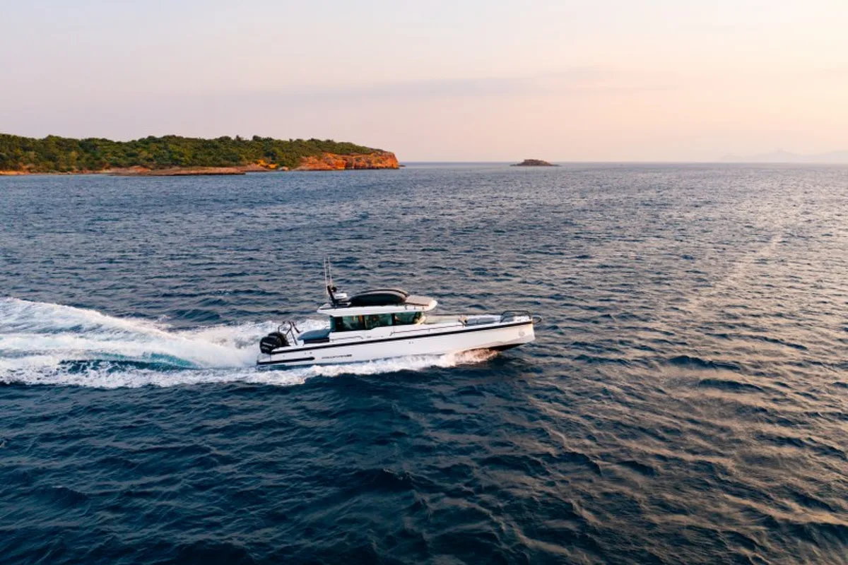 Exterior view of MY CHARACTER, a Axopar 37 XC Cross Cabin motorboat at Kalyvia Thorikou Municipal Unit, Greece