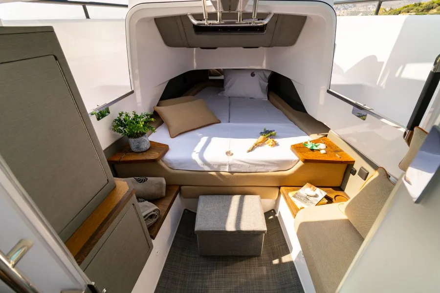 Cabin on MY CHARACTER, a Axopar 37 XC Cross Cabin motorboat at Kalyvia Thorikou Municipal Unit, Greece